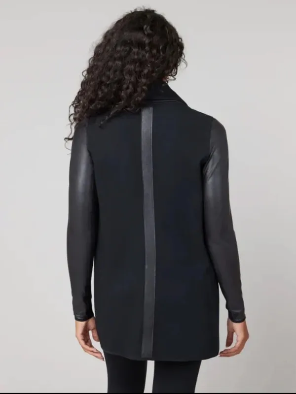 SPANX Point Drape-Front Black Faux Leather Trench Style Coat Blazer Size Small - Image 2