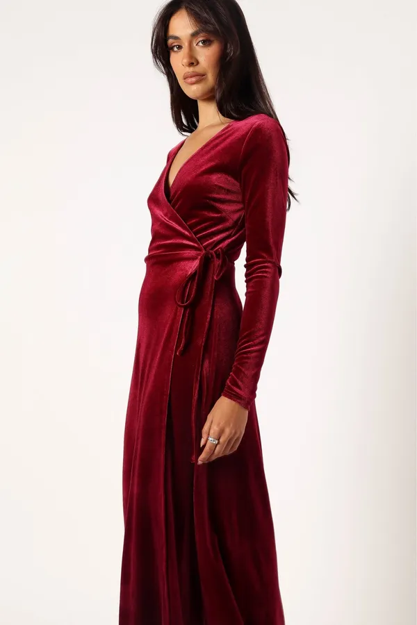 Darby long wrap around dress in burgundy color s - Image 2