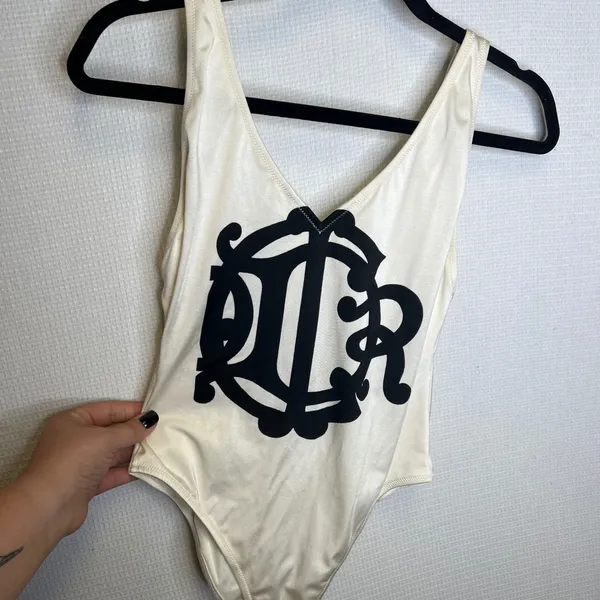 Christian Dior Vintage Logo One Piece Swimsuit Cream Black High Cut USA 34 Italy - Image 2