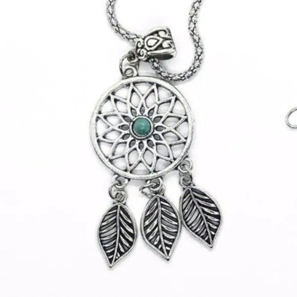 Boutique Silver Turquoise Dreamcatcher Feather Boho Necklace - Image 3