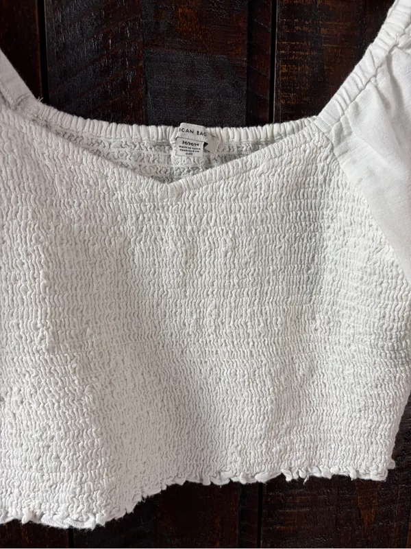 American Eagle Cotton Linen White Puff Sleeve Smocked Crop Top - M - Image 6