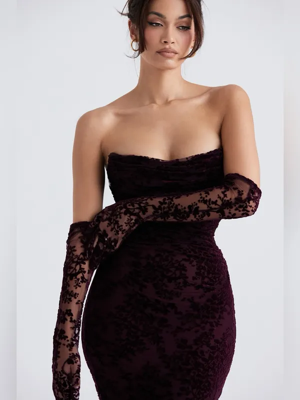 House of CB Isadora Black Cherry Devore Corset Dress XS - Image 4