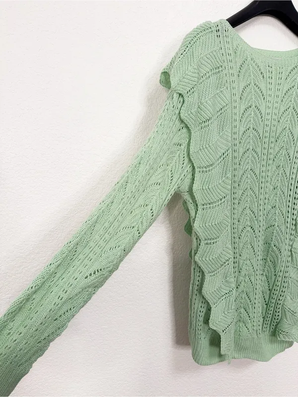 Miss Sparkling NWOT Oversized Apple Green Pointelle Ruffle Knit Sweater XL - Image 3