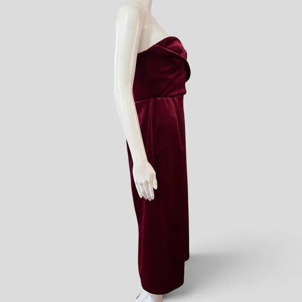 Express Velvet Strapless Midi Dress M Burgundy Draped Sweetheart Cocktail - Image 4