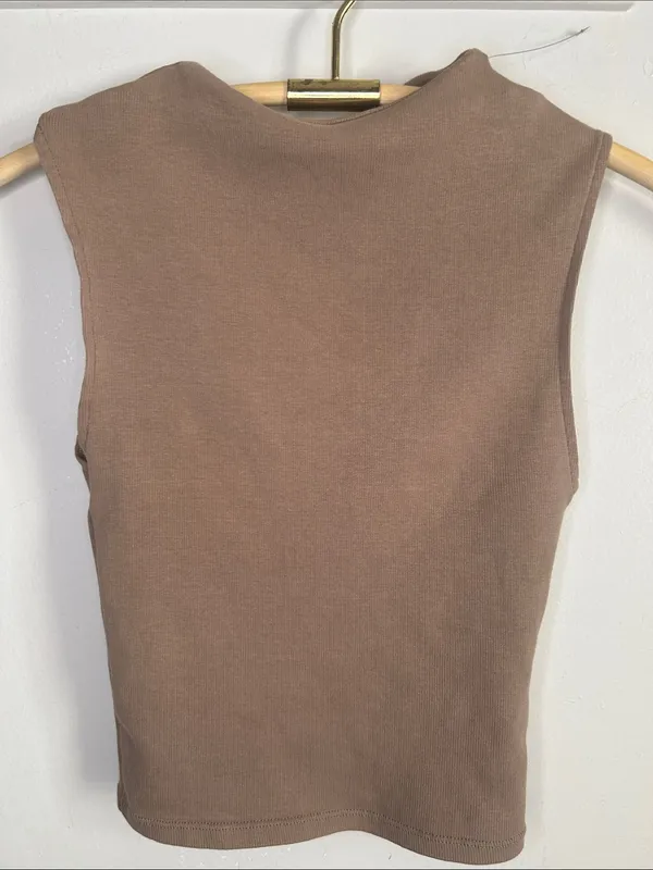 Zara Sleeveless Ribbed Cotton Blend Knit Mock Neck Tank Top - Taupe Brown - Image 8