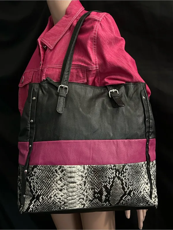 Black & Magenta Snake-Trim Tote Shoulder Bag - Image 12