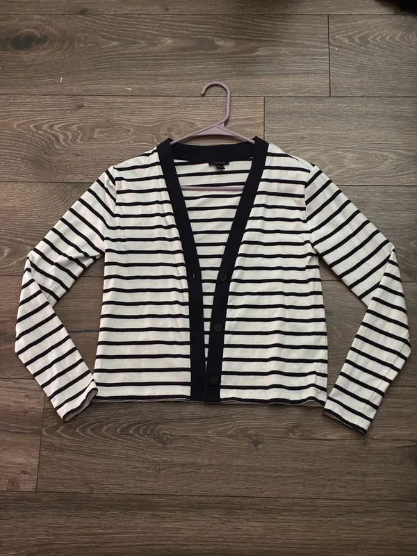 Ann Taylor Striped V-Neck Button Cardigan | Petite XXSP - Image 2
