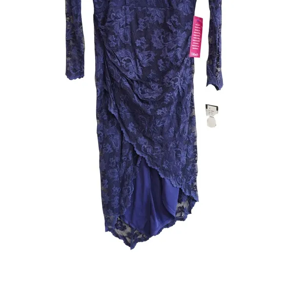 Marina NEW Navy Blue Floral Lace Faux‎ Wrap Midi Dress Asymmetrical Hem Wedding - Image 5