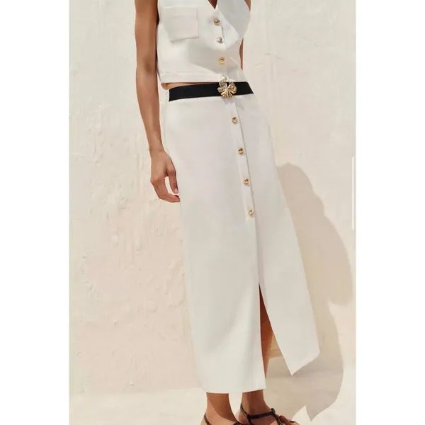 Zara Women Cream Button Front Midi Skirt Gold Brooch Contrast Waistband‎ Slit XL - Image 3