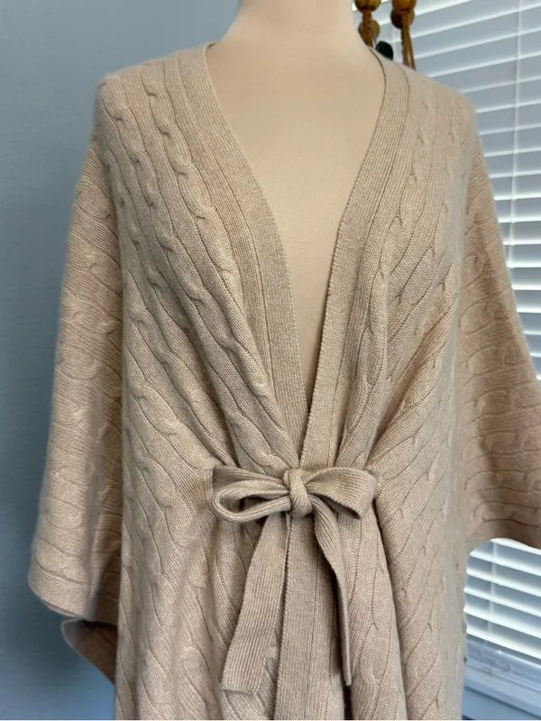 Saks Fifth Avenue Cashmere Tie-Front Cable Knit Poncho Sweater - Cream Size XS/S - Image 3