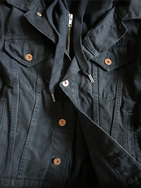 NSF Black Hooded Jean Jacket with Button Details - Image 3