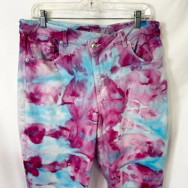 American Eagle Size 16 Jeans Handmade Tie Dye Mom Jeans‎ Pink Blue High Rise 974 - Image 3