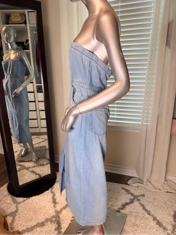 Free People Denim Midi Dress Size 8 Blue Strapless Cotton Front Slit Pockets - Image 5