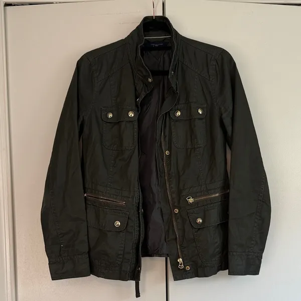 Tommy Hilfiger Women's Olive Green Utility Jacket Gold‎ Hardware Zip Size S FLAW - Image 2