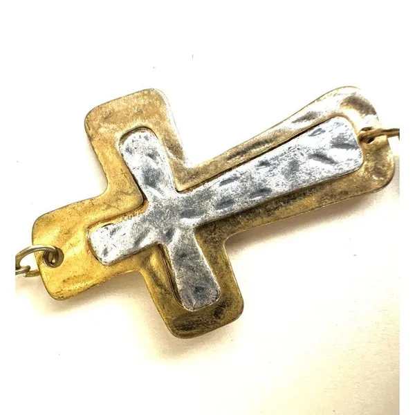 Silver and gold tone fresh water pearl long cross necklace - Image 6