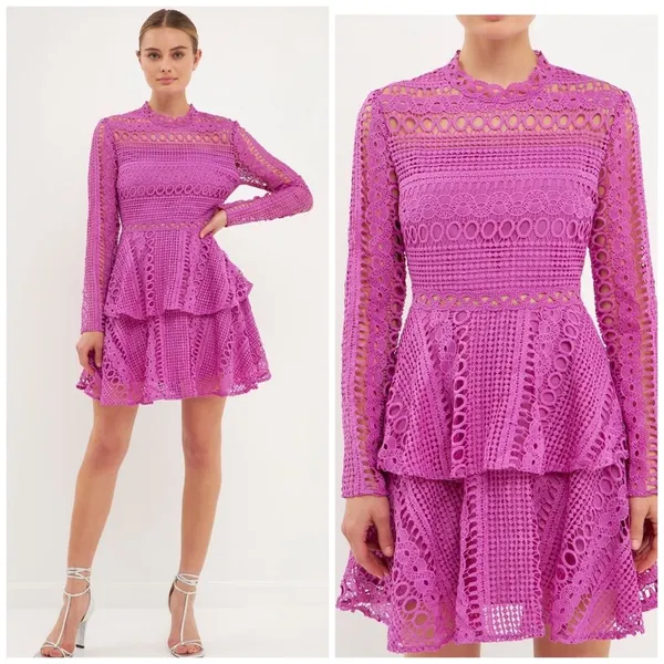 NWT Endless Rose Fuchsia Crochet Lace Peplum Mini Dress Large L Wedding Guest - Image 2