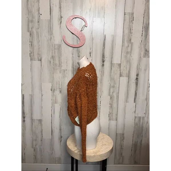 Rust Brown Crochet Knit Crop Sweater | Women’s Size Small | Boho Open Weave Long - Image 6