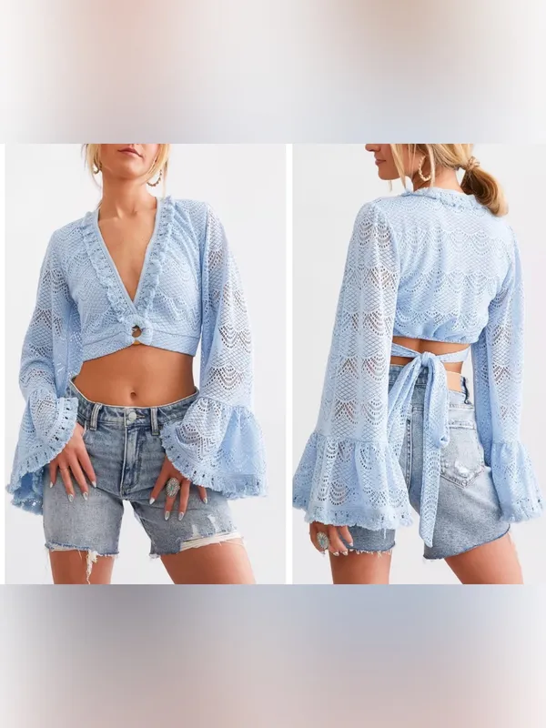 Buckle’s Willow & Root Chambray Blue Crochet Fringed Boho Bell Sleeve Crop Top M - Image 2