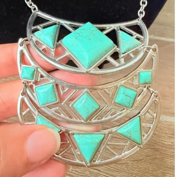 Silver Tone Faux Turquoise Articulated Bib Necklace Geometric Western Festival - Image 3
