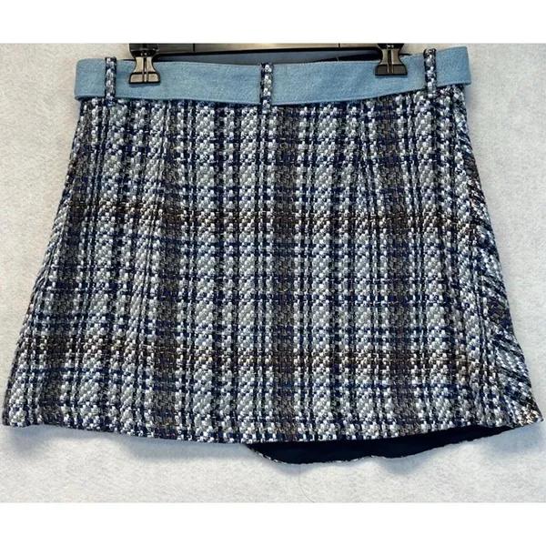 ZARA Mini Skirt Tweed Denim‎ Waist Women XL Blue White Plaid Wrap NWT - Image 9