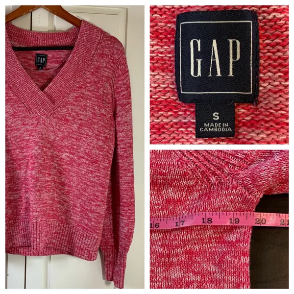 GAP Pink Marled Y2K Style V-Neck Sweater S Clean Girl Cozycore 100% Cotton Knit - Image 15