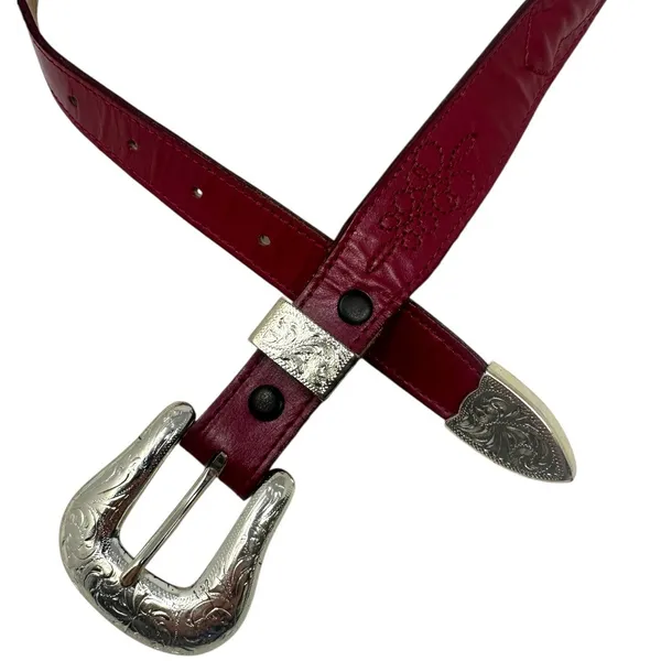 Nocona Western Tooled Leather Belt Red Silver Buckle Women’s Size 26 - Image 5