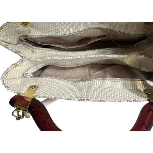 Vtg Handbag Purse Woven Purse Lucite Handles Made In Italy NWT Bohemian Neutral - Image 4
