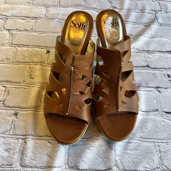 Sofft Brown Leather Cut Out Design Sandals Heels Cork Natural Size 11 Artsy Boho - Image 6