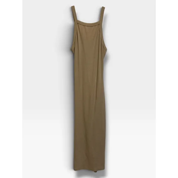 Anna Grace Tan Ribbed Knit Maxi Dress M Open Cutout Knot Back Made in USA - Image 3