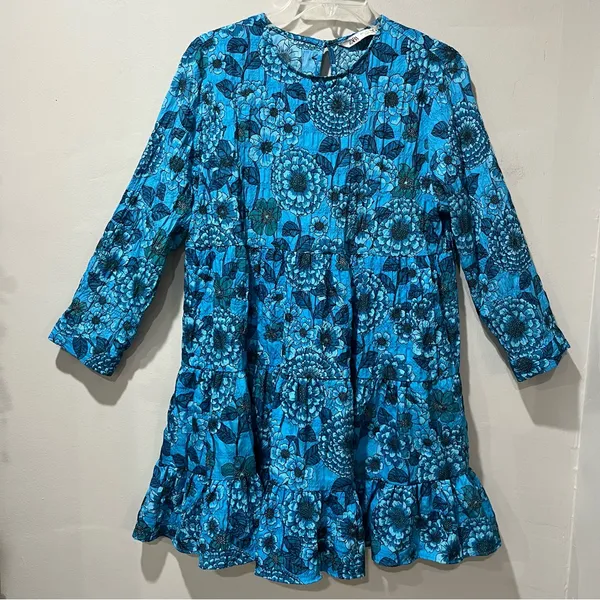 Zara Women's Blue Floral 3/4 Sleeve Mini‎ Dress Size Large Ruffle Casual - Image 4