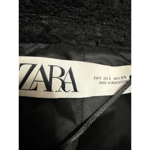 Zara Womens Black Tweed Fringe Double Breasted Military Trench Overcoat Jacket S - Image 4