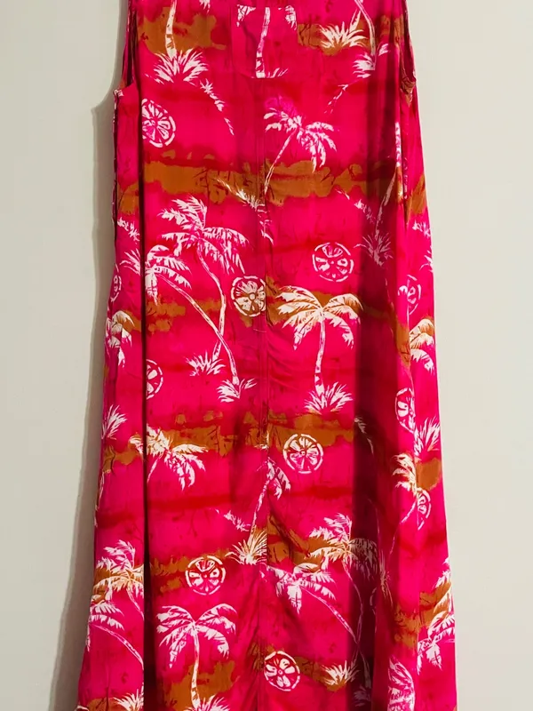 Vtg Desert Jems Hawaiian Boho Maxi Dress Rayon L Tropical 90s Pink Palm Print - Image 7