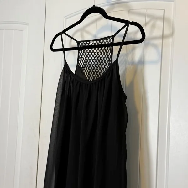 Black Chiffon Mini Dress Mesh Racerback Spaghetti Strap Babydoll L Casual Chic - Image 3