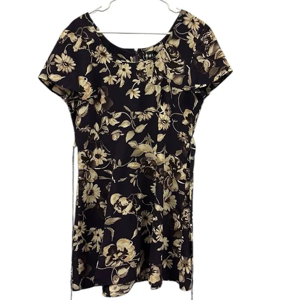 Vintage All That Jazz Plum Cream Floral Print Short Sleeve Zip Tie Back Dress M - Image 11