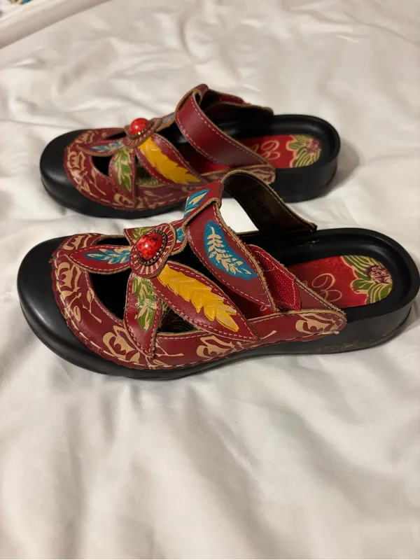 Corkys Elite Leather Floral Sandals Size 36 Boho Red - Image 5