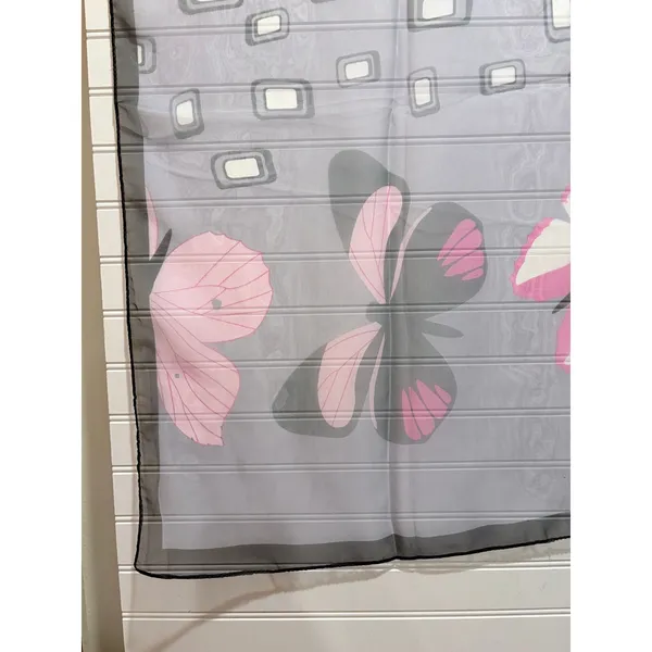 Okinawa Japan Scarf Grey Pink Butterfly Floral Sheer Geometric Print OS - Image 3