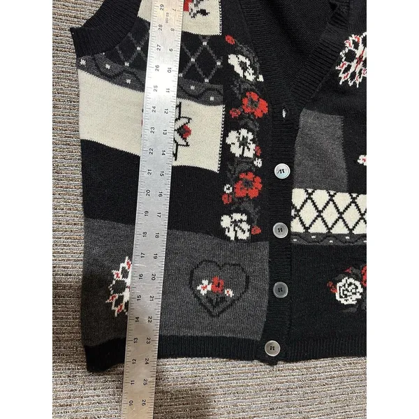 Vintage 90s PANTHER Sweater Vest Embroidery Flower Hearts Red Black Size Medium - Image 6