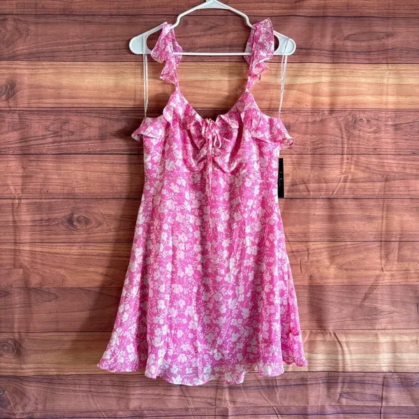 Lulus Pink Floral Ruffle Mini Dress Sleeveless Tie Front Chiffon Size M NEW - Image 2