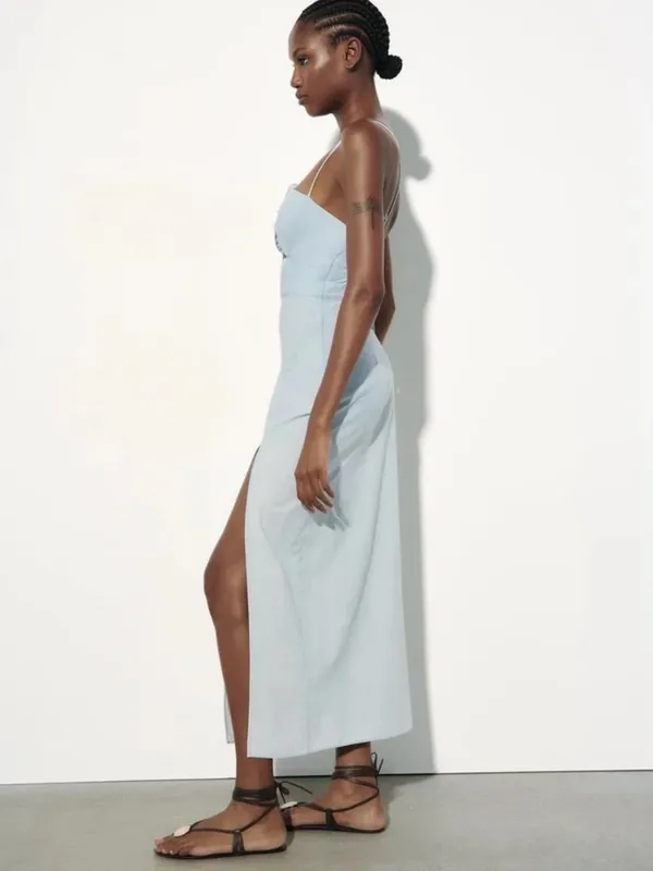Zara Light Blue Midi Dress with Tie-Front and High Slit - Image 3