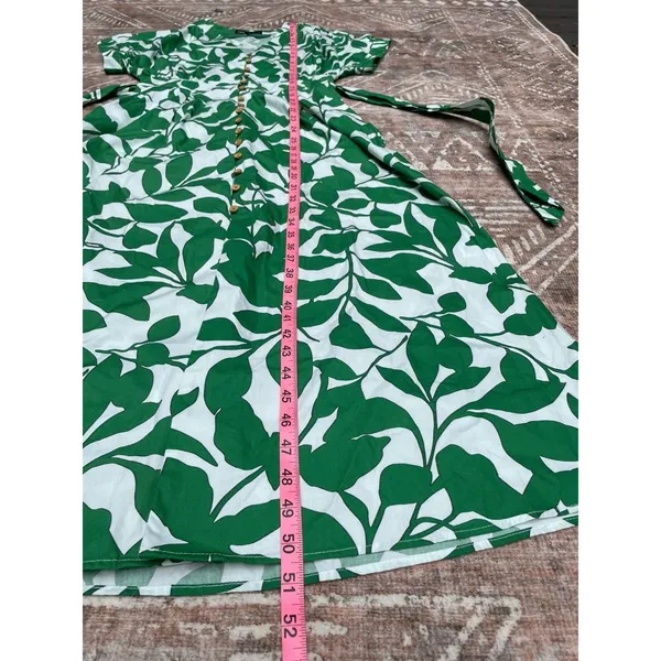 Coastal White Green Botanical Cotton Maxi Shirt Dress Belted Pockets Zara M - Image 14