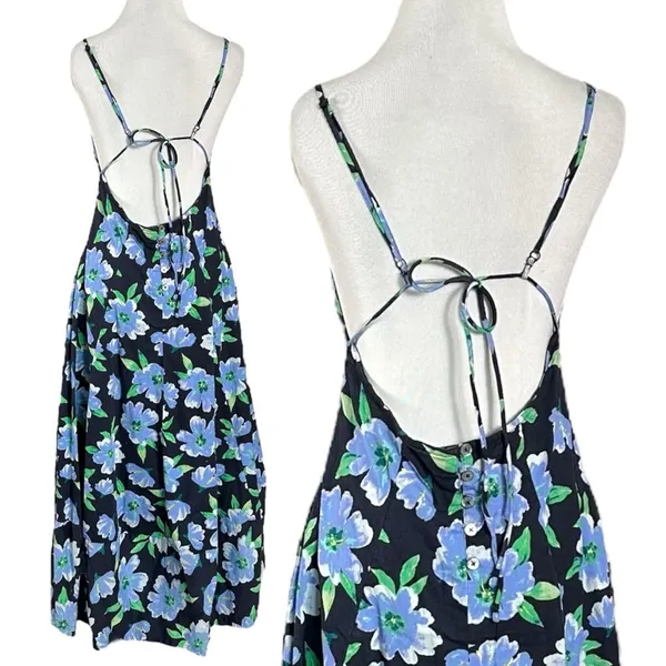 Free People Finer Things Printed Halter Midi Dress Black Combo Large Tropical - Image 12