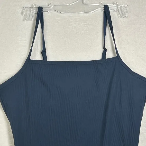 SPANX Navy Ribbed Square‎ Neck Spaghetti Strap Bodysuit Tank Top Women's M - Image 3