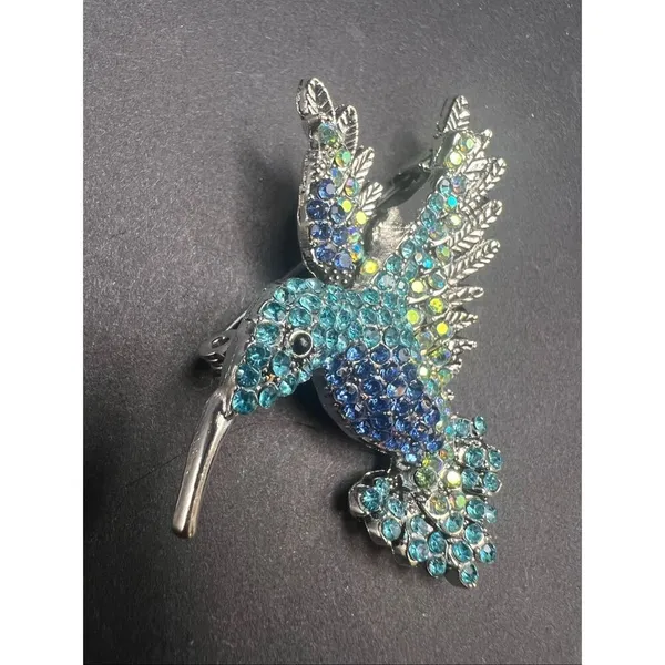 Blue Aqua Silver Tone Rhinestone Hummingbird Pin Brooch - Image 2