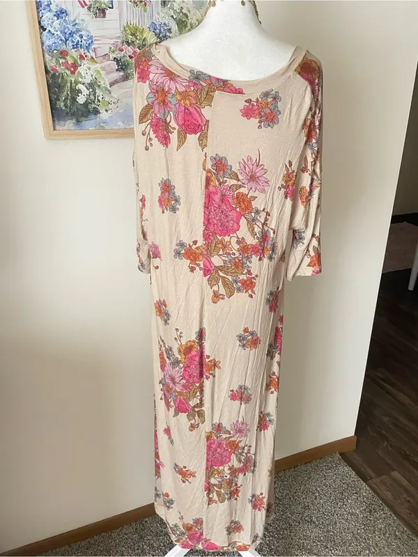 Natural Life Super Soft Jersey Floral Knit Midi Dress Tan Pink Beige Large - Image 4