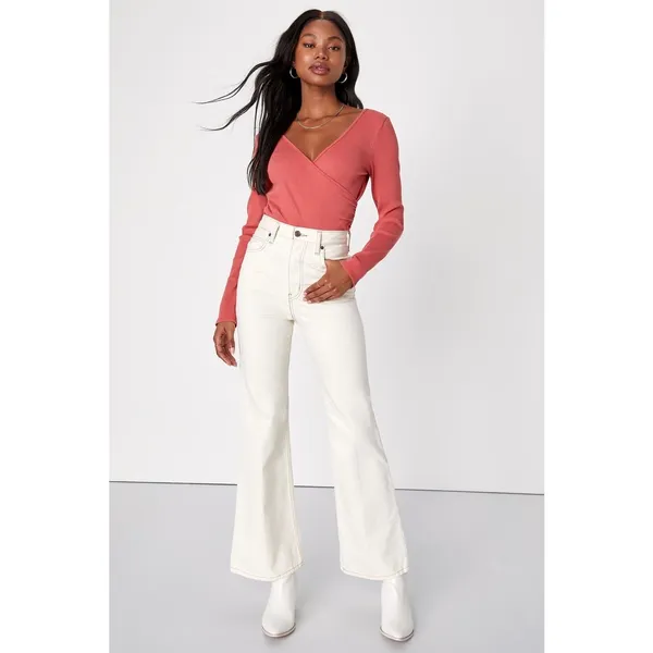 Lulus All Day Fave Rusty Rose Ribbed Surplice Long Sleeve Top Stretch Medium NWT - Image 2