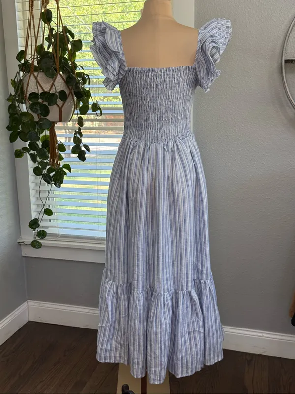 Mille Olympia Linen Midi Dress Size Small Smocked Tiered Ruffle Sleeve - Image 7
