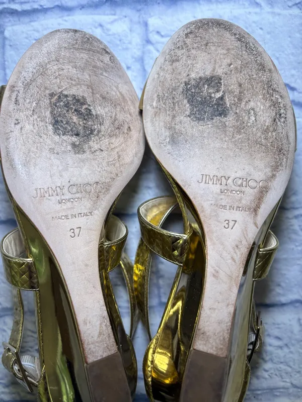 Jimmy Choo Gold Size 37 Slingback Sandals Quiet Luxury Snakeskin Leather Finish - Image 12