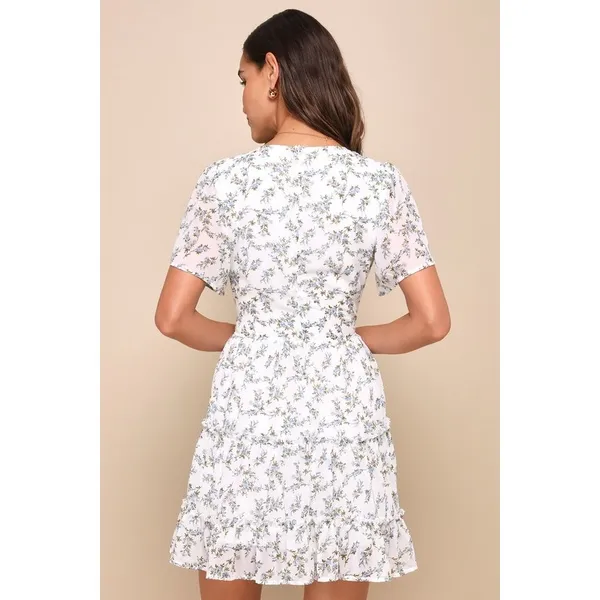 NWT Lulus So True White Floral Print Tiered Short Sleeve Mini Dress Casual Sz S - Image 3