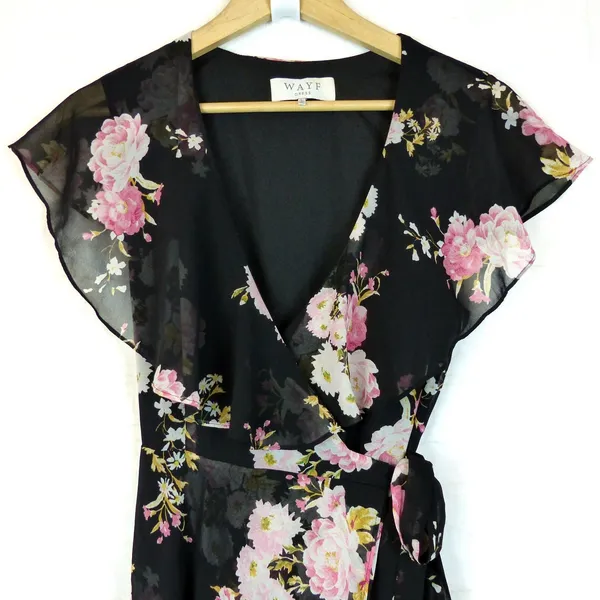 WAYF Palermo Wrap Dress Womens L Black Floral Chiffon High Low Maxi Romantic - Image 4