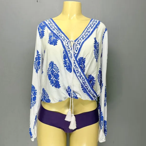 Source Unknown Blue & White Tassel Wrap Top | Long Sleeve Boho Peasant Blouse | M - Image 3